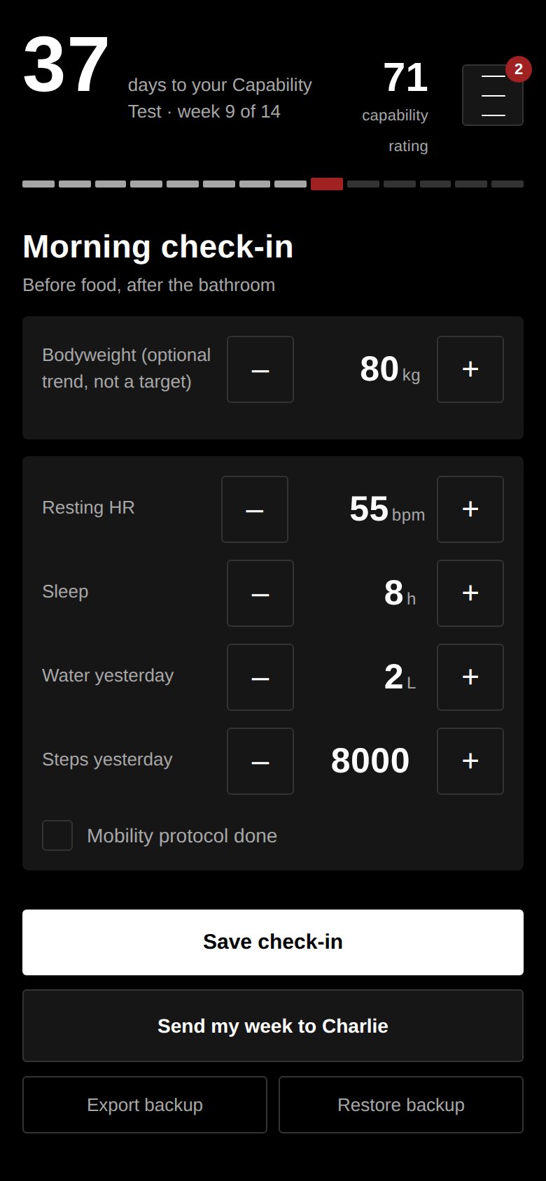 The morning check-in screen with bodyweight and resting heart rate